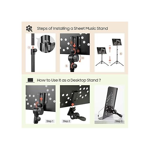  CAHAYA Portable Sheet Music Stand: 3 in 1 Dual-use Sheet Music Stand & Desktop Book Stand Adjustable 31.4-55.9 in with Book Stand Support, Carrying Bag