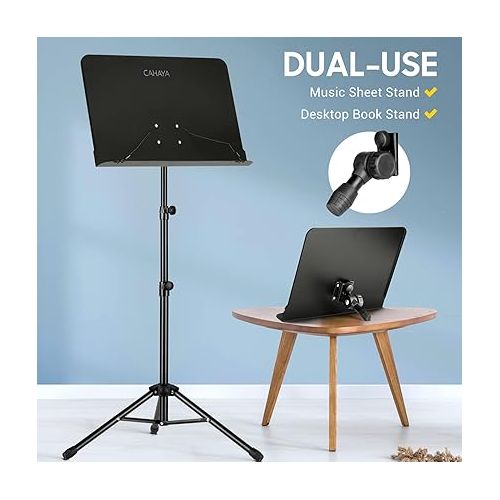  CAHAYA 6 IN 1 Sheet Music Stand with Stand Light Desktop Book Stand with Carrying Bag, Sheet Music Folder & Clip Metal Portable Solid Back for Guitar, Ukulele, Violin Players