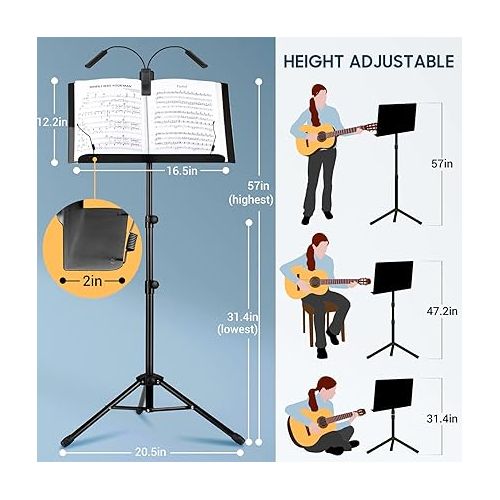  CAHAYA 6 IN 1 Sheet Music Stand with Stand Light Desktop Book Stand with Carrying Bag, Sheet Music Folder & Clip Metal Portable Solid Back for Guitar, Ukulele, Violin Players