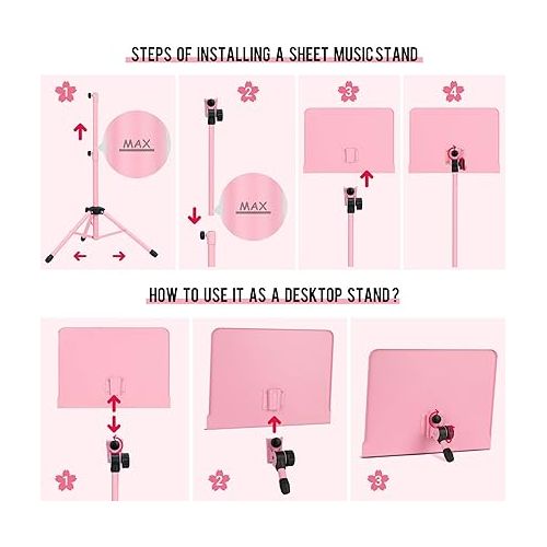  CAHAYA Sheet Music Stand & Tabletop Music Stand Solid Back with Carrying Bag for Books Notes Laptop Tablet Pink CY0194