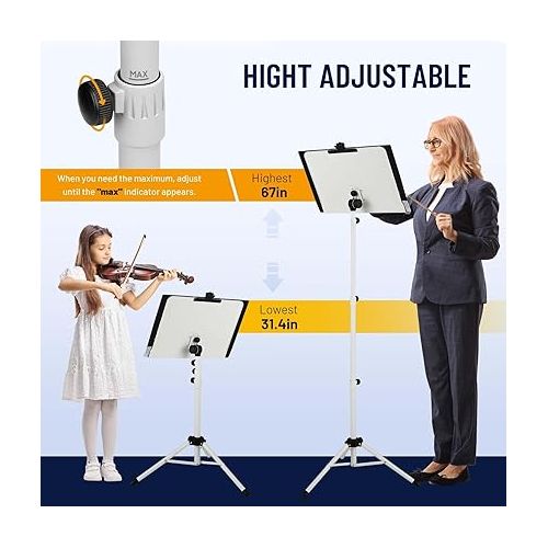 CAHAYA 5 in 1 Heightened Dual-use Sheet Music Stand & Desktop Book Stand Metal Portable Solid Back with Height Adjustable from 31.4-67in Including Carrying Bag, Sheet Music Folder & Clip CY0304-2
