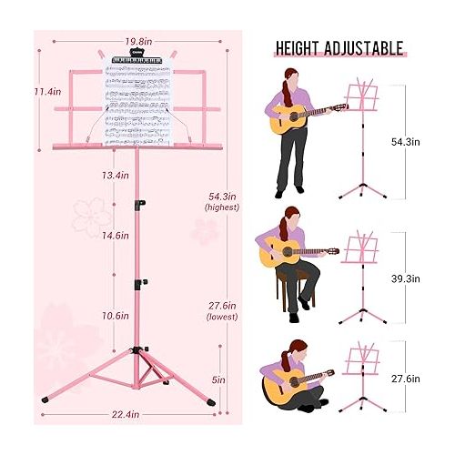  CAHAYA Sheet Music Stand Folding Music Stand Portable with Carrying Bag for Books Notes Pink CY0204-1