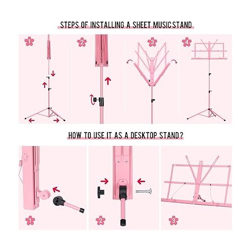  CAHAYA Sheet Music Stand Folding Music Stand Portable with Carrying Bag for Books Notes Pink CY0204-1