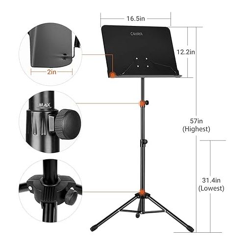  CAHAYA 5 in 1 Dual-use Sheet Music Stand & Desktop Book Stand Metal Portable Solid Back Height Adjustable from 31.4-57in with Book Stand Support, Carrying Bag, Sheet Music Folder and Clip