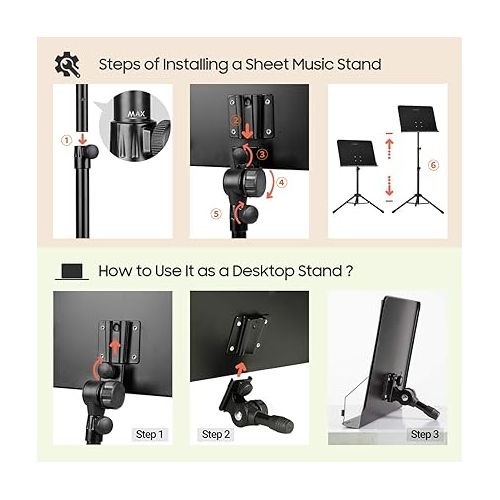  CAHAYA 5 in 1 Dual-use Sheet Music Stand & Desktop Book Stand Metal Portable Solid Back Height Adjustable from 31.4-57in with Book Stand Support, Carrying Bag, Sheet Music Folder and Clip