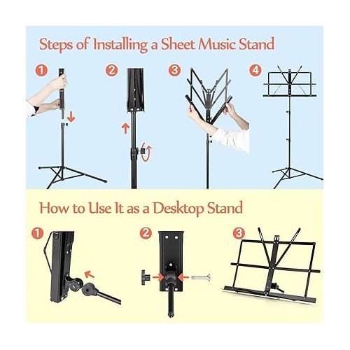  CAHAYA 2 in 1 Dual Use Extra Stable Reinforced Folding Sheet Music Stand & Desktop Book Stand Lightweight Portable Adjustable with Carrying Bag, Metal Music Stand with Music Sheet Clip Holder CY0204