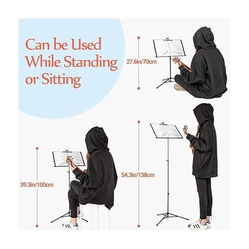  CAHAYA 2 in 1 Dual Use Extra Stable Reinforced Folding Sheet Music Stand & Desktop Book Stand Lightweight Portable Adjustable with Carrying Bag, Metal Music Stand with Music Sheet Clip Holder CY0204