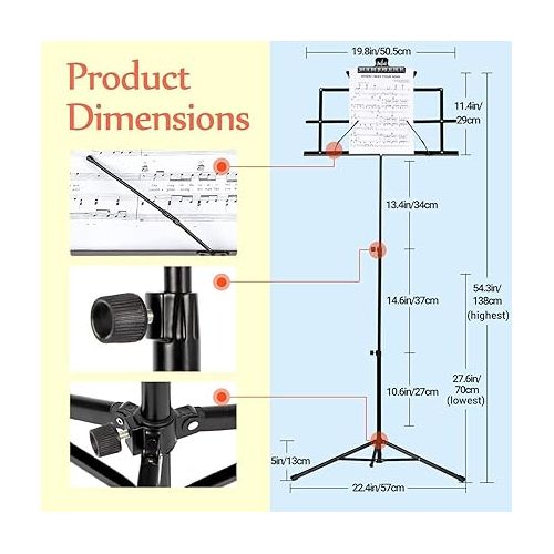  CAHAYA 2 in 1 Dual Use Extra Stable Reinforced Folding Sheet Music Stand & Desktop Book Stand Lightweight Portable Adjustable with Carrying Bag, Metal Music Stand with Music Sheet Clip Holder CY0204