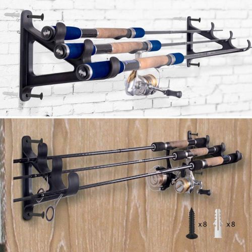  CAIKEI Horizontal Rod Rack for Fishing Rod Wall Rack Storage-Ultra Sturdy Strong Weatherproof Holds 3 Rods- Space Saving for Fishing Rods，Hiking Poles, Ski Poles, Hockey Sticks and Cue