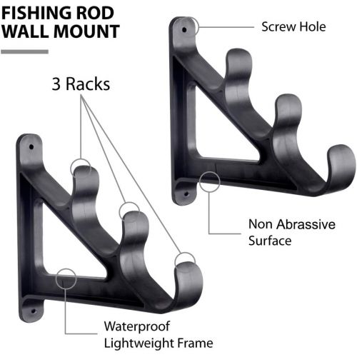  CAIKEI Horizontal Rod Rack for Fishing Rod Wall Rack Storage-Ultra Sturdy Strong Weatherproof Holds 3 Rods- Space Saving for Fishing Rods，Hiking Poles, Ski Poles, Hockey Sticks and Cue