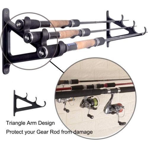  CAIKEI Horizontal Rod Rack for Fishing Rod Wall Rack Storage-Ultra Sturdy Strong Weatherproof Holds 3 Rods- Space Saving for Fishing Rods，Hiking Poles, Ski Poles, Hockey Sticks and Cue