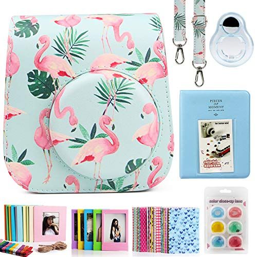  CAIUL Compatible Mini 11 Camera Case Bundle with Album, Filters and Other Accessories for Fujifilm Instax Mini 11 (Banana Leaf Flamingo, 7 Items)