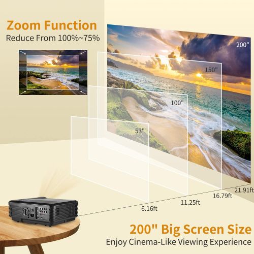  WIKISH HD Video Projector Bluetooth WIFI Projector for Home Cinema Backyard Movie Game, 200 Inch Smart LED Projector with Speaker Zoom for iPhone Laptop DVD Player, HDMI VGA AV Cable Incl