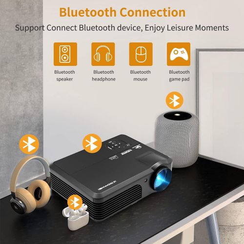  WIKISH HD Video Projector Bluetooth WIFI Projector for Home Cinema Backyard Movie Game, 200 Inch Smart LED Projector with Speaker Zoom for iPhone Laptop DVD Player, HDMI VGA AV Cable Incl