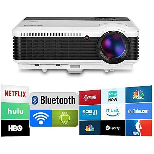  CAIWEI Bluetooth Projector, Smart Android OS, 1080P Full HD, 6000 Lumen WiFi Projector with Wireless Display for Phone, 200 Display Indoor Theater Outdoor Movie Projector, Keystone Zoom C