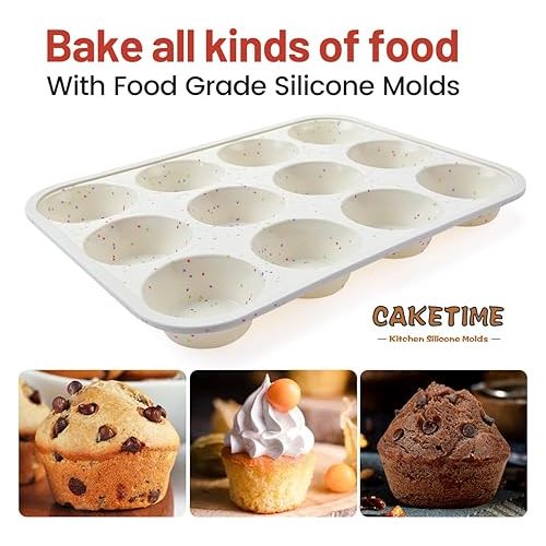  CAKETIME Silicone Muffin Pan, Metal Reinforced Frame Cupcake Pan 12 Cups Regular Size Easy to Move in or Out of Oven Non-Stick (2)