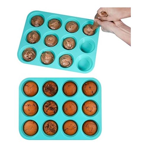  CAKETIME Silicone Muffin Pan Set - Cupcake Pans 12 Cups Silicone Baking Molds,BPA Free 100% Food Grade, Pinch Test Approved, Pack of 2