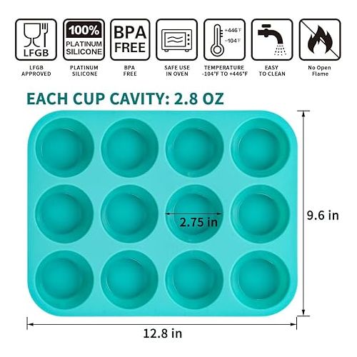  CAKETIME Silicone Muffin Pan Set - Cupcake Pans 12 Cups Silicone Baking Molds,BPA Free 100% Food Grade, Pinch Test Approved, Pack of 2