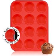 CAKETIME Silicone Muffin Pan, Metal Reinforced Frame Sturdy Muffin Tray Easy to Handle 12 Cups Cupcake Pan Nonstick BPA Free