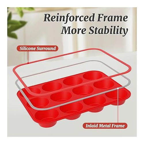  CAKETIME Silicone Muffin Pan with Metal Reinforced Frame Cupcake Pan Regular Size 12 Cups Muffin Tray Easy to Handle Nonstick BPA Free