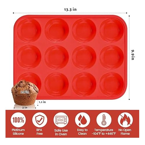  CAKETIME Silicone Muffin Pan with Metal Reinforced Frame Cupcake Pan Regular Size 12 Cups Muffin Tray Easy to Handle Nonstick BPA Free