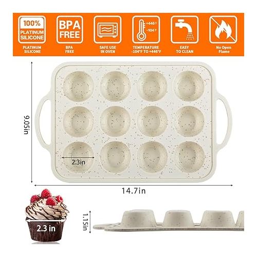  CAKETIME Silicone Muffin Pan, Metal Reinforced Frame Silicone Cupcake Pan Easy to Move 12 Cups for Baking Nonstick BPA Free Small Muffin Tin