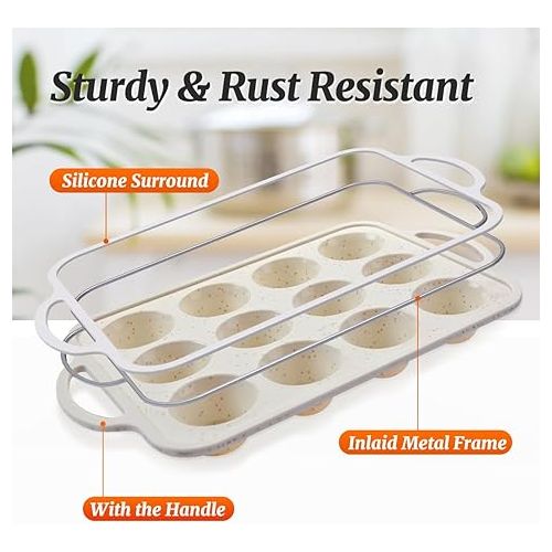  CAKETIME Silicone Muffin Pan, Metal Reinforced Frame Silicone Cupcake Pan Easy to Move 12 Cups for Baking Nonstick BPA Free Small Muffin Tin