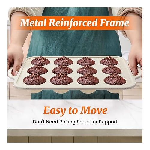  CAKETIME Silicone Muffin Pan, Metal Reinforced Frame Silicone Cupcake Pan Easy to Move 12 Cups for Baking Nonstick BPA Free Small Muffin Tin