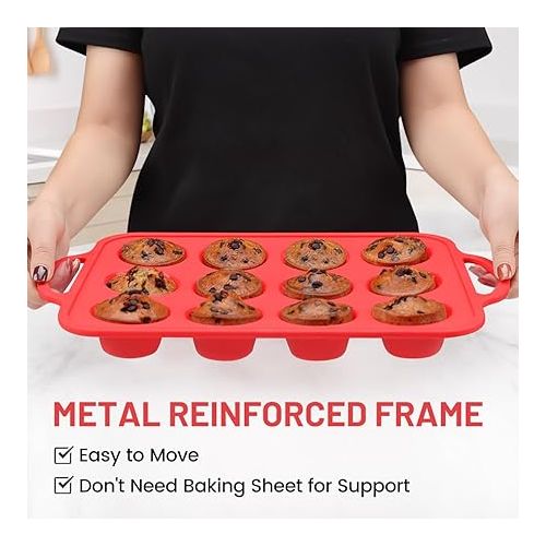  CAKETIME Silicone Muffin Pan, Metal Reinforced Frame Muffin Tins Nonstick 12 Cups Cupcake Pan for Baking with Handle 2 Pack