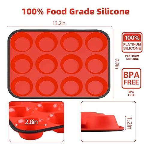  CAKETIME Silicone Muffin Pan, 12 Cups Silicone Cupcake Pan Metal Reinforced Frame for Baking Egg Muffin Breakfast Nonstick