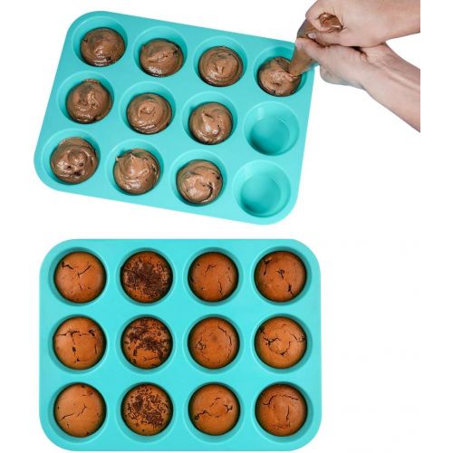  [아마존베스트]CAKETIME Silicone Muffin Pan Set - Cupcake Pans 12 Cups Silicone Baking Molds,BPA Free 100% Food Grade, Pinch Test Approved, Pack of 2