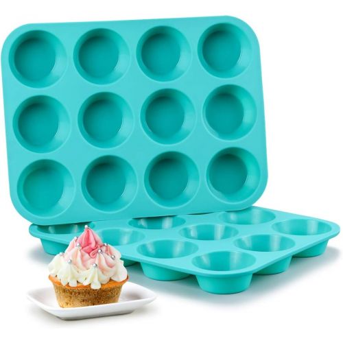  [아마존베스트]CAKETIME Silicone Muffin Pan Set - Cupcake Pans 12 Cups Silicone Baking Molds,BPA Free 100% Food Grade, Pinch Test Approved, Pack of 2