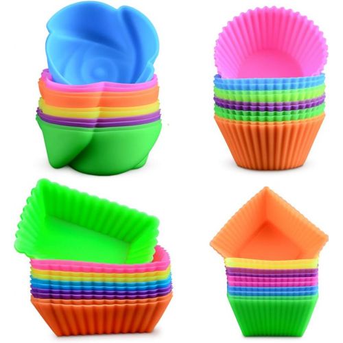  [아마존베스트]CAKETIME 48 Pack Silicone Baking Cups Cupcake Liners - Reusable Silicone Molds Including Round, Rectanguar, Square, Flower BPA Free Food Grade Silicone
