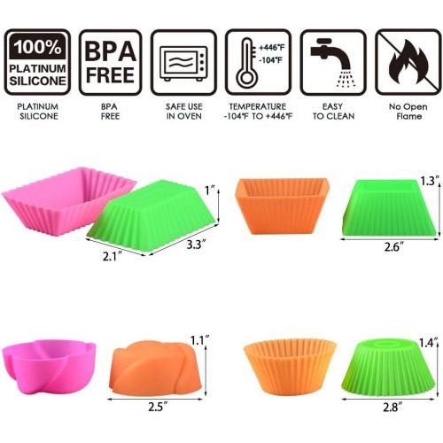  [아마존베스트]CAKETIME 48 Pack Silicone Baking Cups Cupcake Liners - Reusable Silicone Molds Including Round, Rectanguar, Square, Flower BPA Free Food Grade Silicone