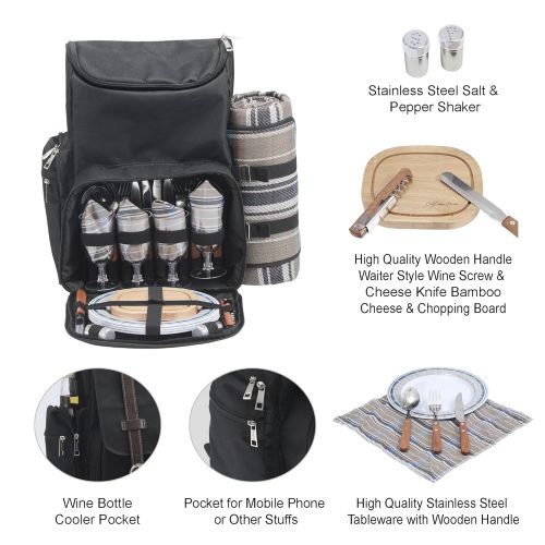  CALIFORNIA PICNIC Picnic Backpack for 4 | Picnic Basket | Stylish All-in-One Portable Picnic Bag with Complete Cutlery Set, Stainless Steel S/P Shakers | Picnic Blanket Waterproof Extra Large| Coole