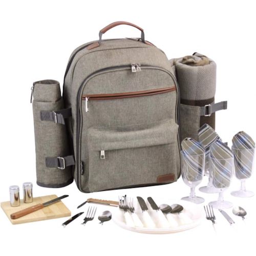  CALIFORNIA PICNIC Picnic Backpack for 4 | Picnic Basket | Stylish All-in-One Portable Picnic Bag with Complete Cutlery Set, Stainless Steel S/P Shakers | Picnic Blanket Waterproof Extra Large| Coole