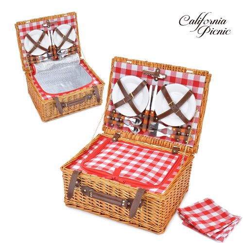  CALIFORNIA PICNIC Picnic Basket Set for 4 Person | Insulated Red Picnic Hamper Set | Picnic Table Set | Picnic Plates | Picnic Supplies | Summer Picnic Kit | Picnic Utensils Cutlery Flatware