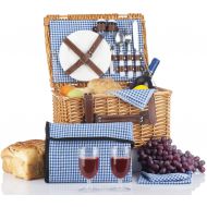 CALIFORNIA PICNIC Picnic Basket Set - 2 Person Picnic Hamper Set - Waterproof Picnic Blanket Ceramic Plates Metal Flatware Wine Glasses S/P Shakers Bottle Opener Blue Checked Pattern Lining Picnic S