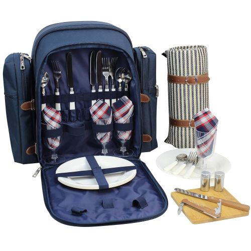  CALIFORNIA PICNIC Picnic Backpack for 4 | Picnic Basket | Stylish All-in-One Portable Picnic Bag with Complete Cutlery Set, Stainless Steel S/P Shakers | Picnic Blanket Waterproof Extra Large| Coole