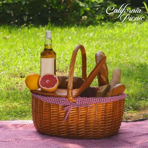  CALIFORNIA PICNIC Large Picnic Basket with Lid | Wicker Picnic Basket | Willow Basket Set | Camping Picnic Table Set Gingham