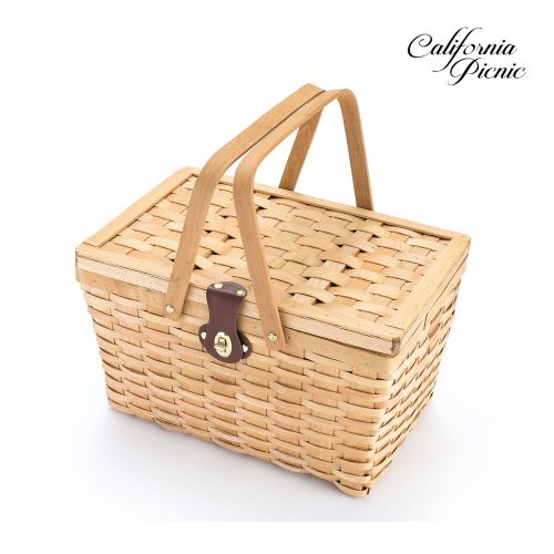  CALIFORNIA PICNIC Picnic Basket | Wood Chip Design | Red and White Gingham Pattern Lining | Strong Wooden Folding Handles | Features a Leather Strap Metal Lock for Safety | Natural Eco Friendly Wove