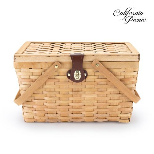  CALIFORNIA PICNIC Picnic Basket | Wood Chip Design | Red and White Gingham Pattern Lining | Strong Wooden Folding Handles | Features a Leather Strap Metal Lock for Safety | Natural Eco Friendly Wove