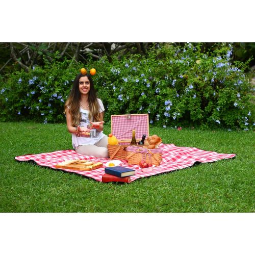  CALIFORNIA PICNIC Picnic Basket | Wood Chip Design | Red and White Gingham Pattern Lining | Strong Wooden Folding Handles | Features a Leather Strap Metal Lock for Safety | Natural Eco Friendly Wove