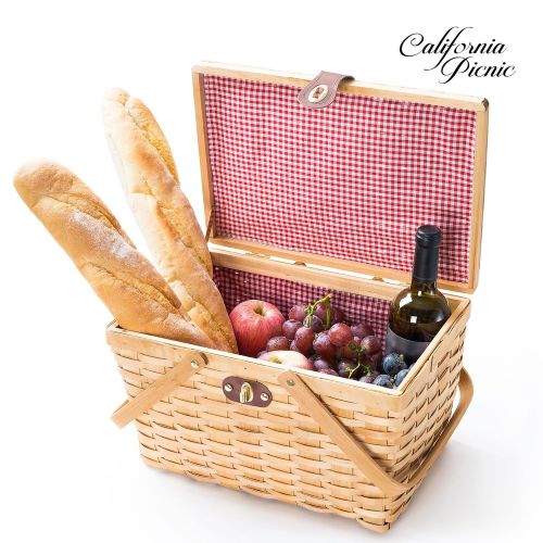  CALIFORNIA PICNIC Picnic Basket | Wood Chip Design | Red and White Gingham Pattern Lining | Strong Wooden Folding Handles | Features a Leather Strap Metal Lock for Safety | Natural Eco Friendly Wove