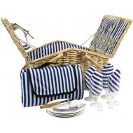 CALIFORNIA PICNIC Picnic Basket Set for Men and Woman | Wicker Picnic Basket for 4 Person | Waterproof Picnic Blanket Ceramic Plates Metal Flatware Wine Glasses S/P Shakers Bottle Opener Blue Stripe