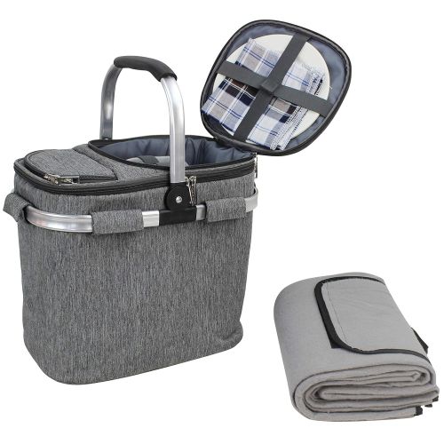  CALIFORNIA PICNIC Picnic Basket for 2 Beautiful Insulated Tote Bag Kit Insulated Lunch Tote for Women & Men Picnic Backpack Camping Tableware Set and Waterproof Blanket | Aluminum Frame and Handle |