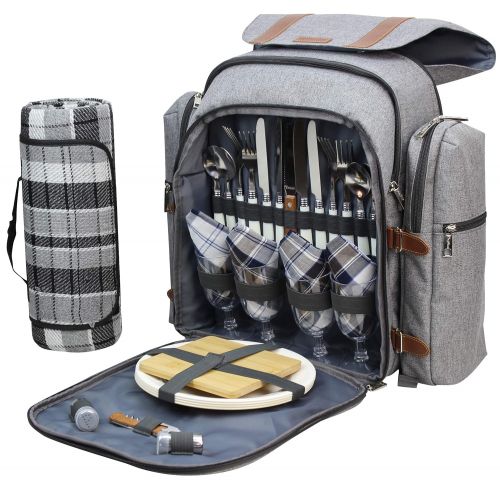 CALIFORNIA PICNIC Picnic Backpack for 4 | Picnic Basket | Stylish All-in-One Portable Picnic Bag with Complete Cutlery Set, Stainless Steel S/P Shakers | Waterproof Knitted Picnic Blanket | Cooler B