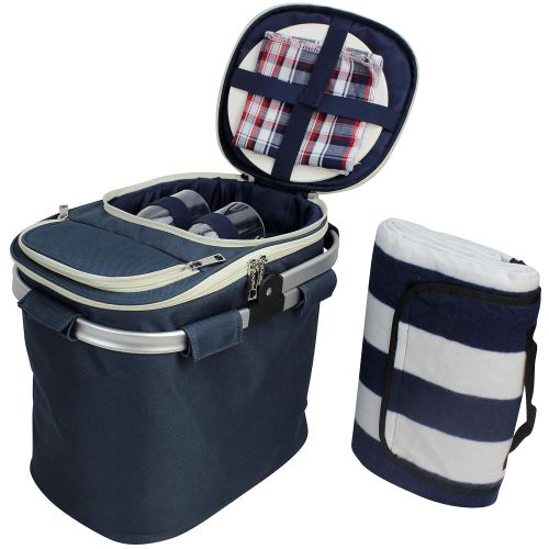  CALIFORNIA PICNIC Picnic Basket for 2 Beautiful Insulated Tote Bag Kit Insulated Lunch Tote for Women & Men Picnic Backpack Camping Tableware Set and Waterproof Blanket | Aluminum Frame and Handle |