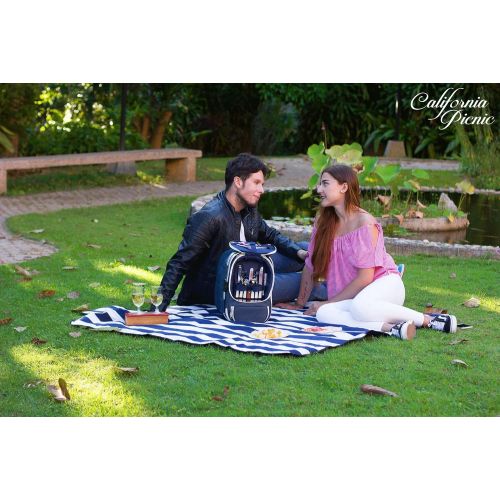  CALIFORNIA PICNIC Picnic Basket for 2 Beautiful Insulated Tote Bag Kit Insulated Lunch Tote for Women & Men Picnic Backpack Camping Tableware Set and Waterproof Blanket | Aluminum Frame and Handle |