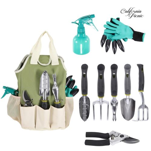  CALIFORNIA PICNIC Garden Tool Set | Garden Tools Organizer Tote | Gardening Gloves Included Great Garden Tools for Woman and Men | 9 Piece Garden Accessories Tool Organizer Kit | Gardening Gifts | G